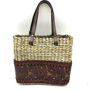 Vintage 00s Y2K Preston & York Woven Cornhusk Sequin Bead Giraffes Purse 8.5x7"